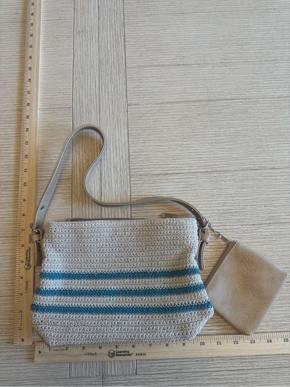 Woven Stripe Crossbody Bag in Cream and Teal with Removable Pouch
